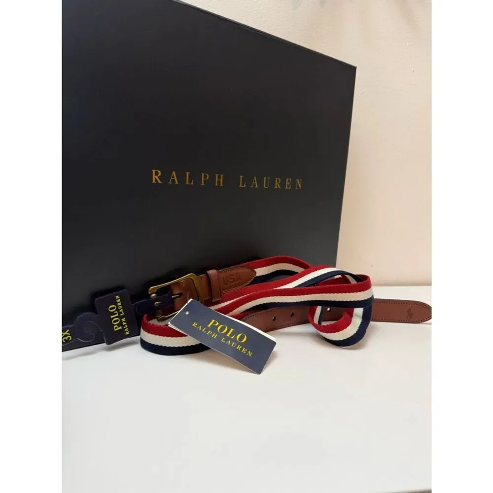 Polo Ralph Lauren Men’s 3X Canvas Stripe Belt Leather Golf Classic Preppy